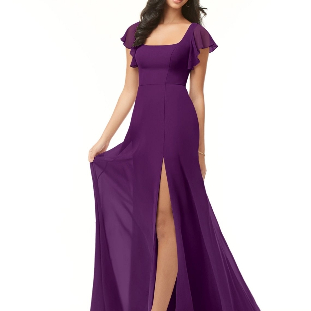 Azazie Grape Bondi Maxi Gown with Square Neck and Slit